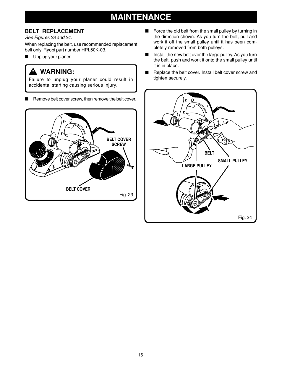 Maintenance, Warning | Ryobi HPL50 User Manual | Page 16 / 18