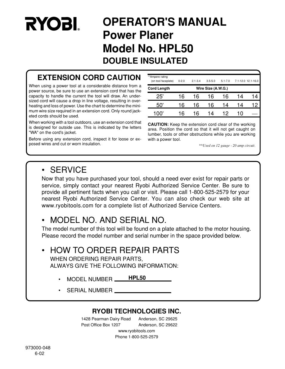 Operator's manual power planer model no. hpl50, Double insulated, Service | Model no. and serial no, How to order repair parts, Extension cord caution, Ryobi technologies inc | Ryobi HPL50 User Manual | Page 18 / 18