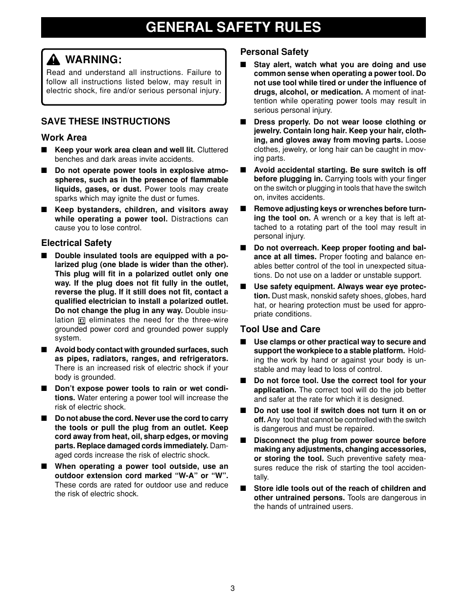 General safety rules, Warning | Ryobi HPL50 User Manual | Page 3 / 18