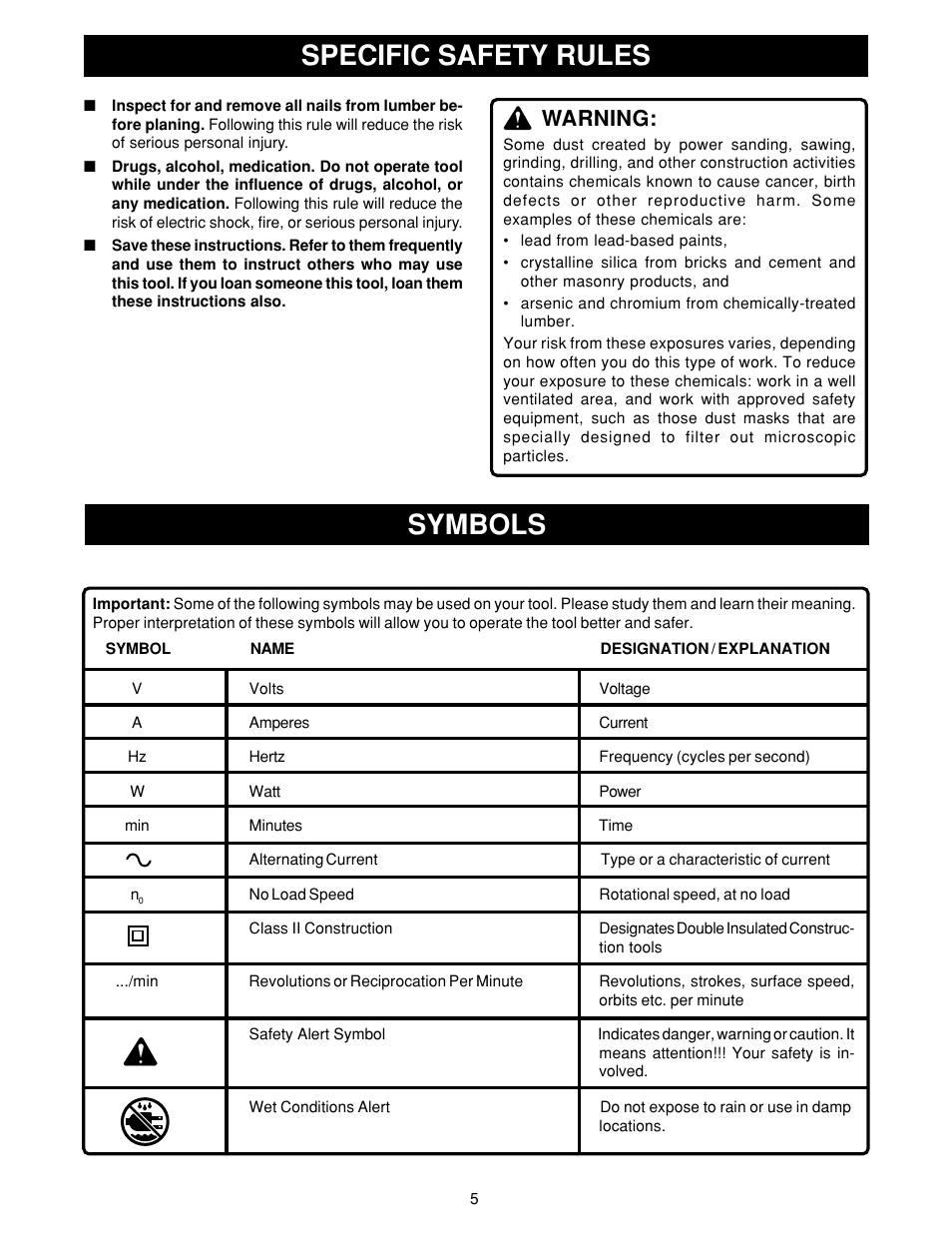 Specific safety rules, Symbols, Warning | Ryobi HPL50 User Manual | Page 5 / 18