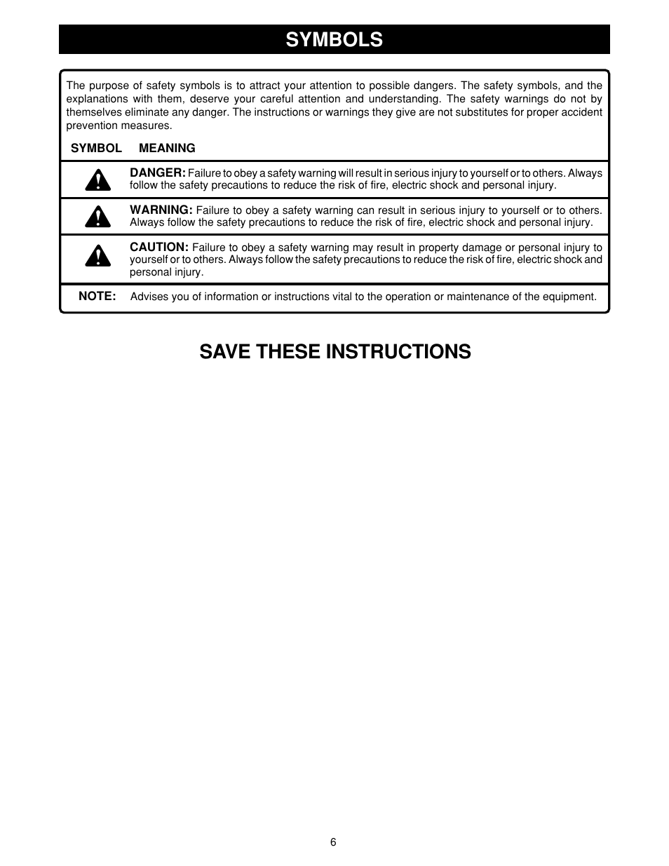 Symbols, Save these instructions | Ryobi HPL50 User Manual | Page 6 / 18