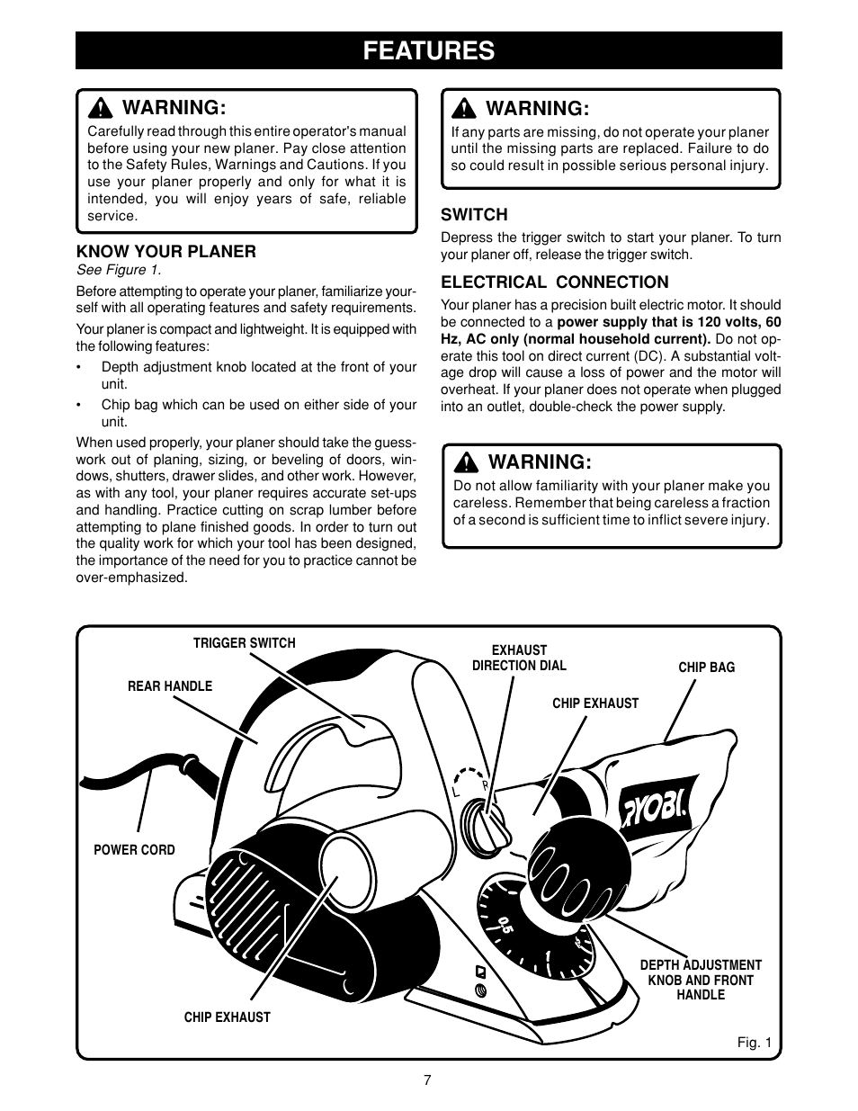 Features, Warning | Ryobi HPL50 User Manual | Page 7 / 18