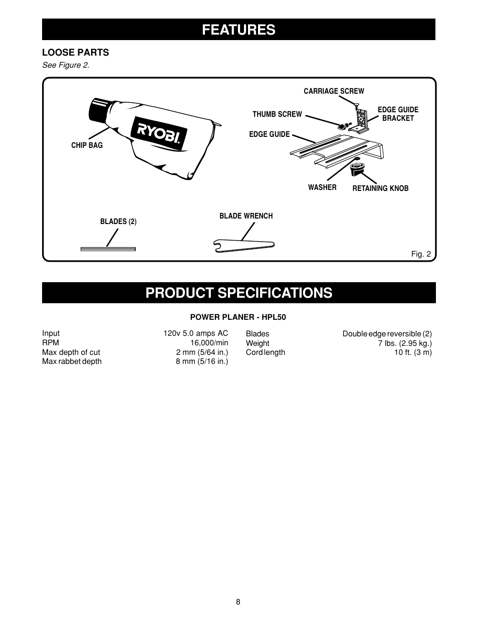 Features, Product specifications | Ryobi HPL50 User Manual | Page 8 / 18