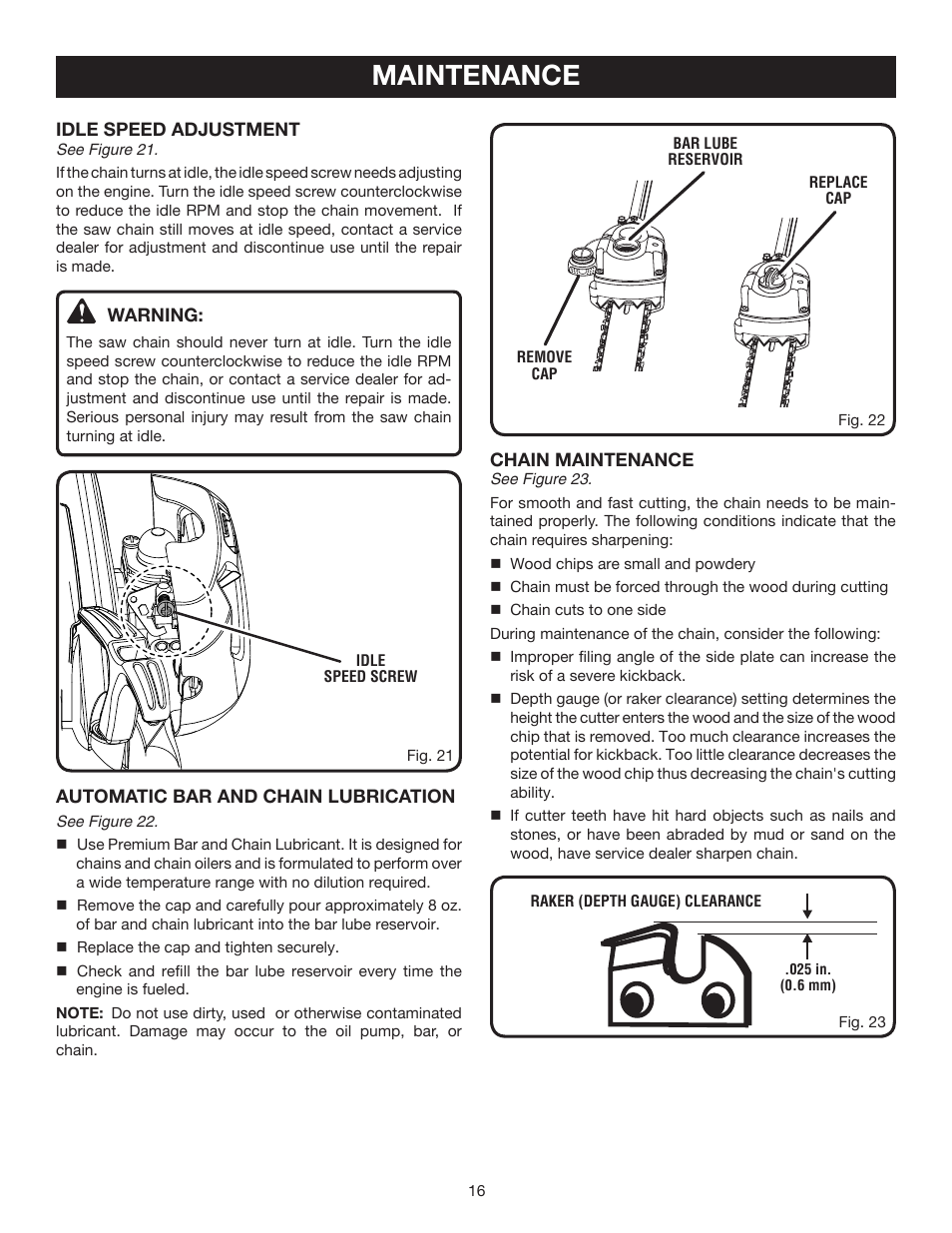 Maintenance | Ryobi RY52504 User Manual | Page 16 / 24