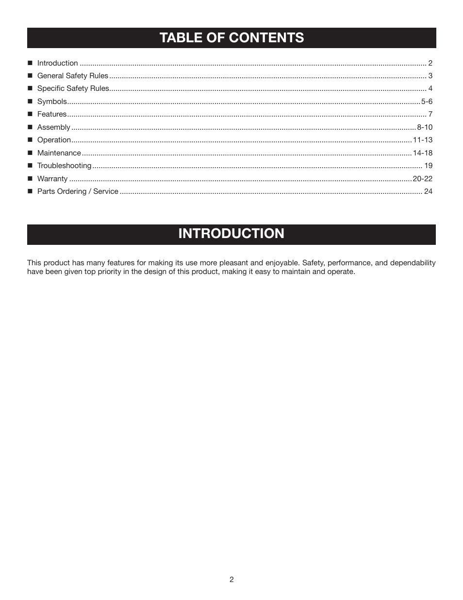 Table of contents introduction | Ryobi RY52504 User Manual | Page 2 / 24