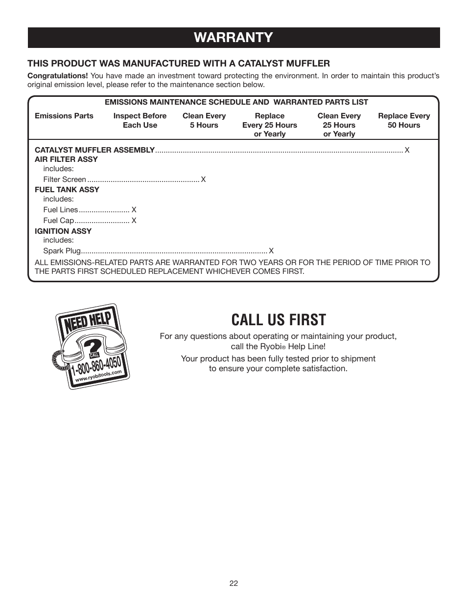 Call us first, Warranty | Ryobi RY52504 User Manual | Page 22 / 24