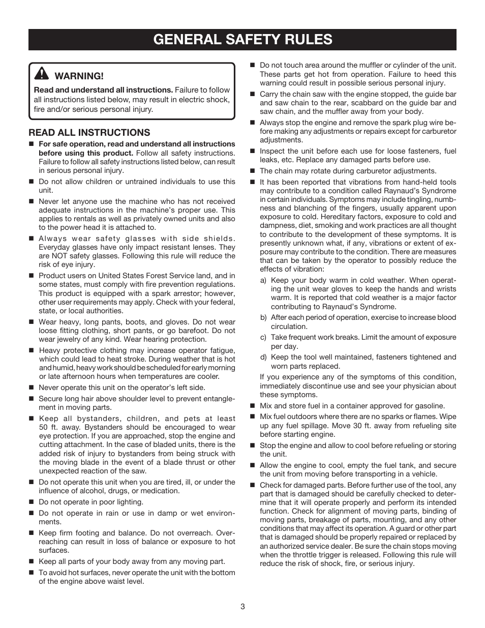 General safety rules, Warning, Read all instructions | Ryobi RY52504 User Manual | Page 3 / 24