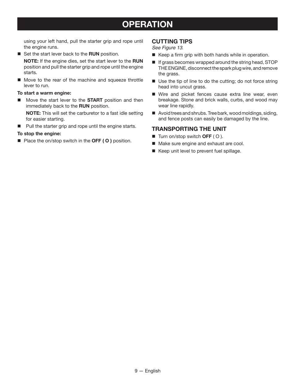 Operation | Ryobi RY13010 User Manual | Page 13 / 44