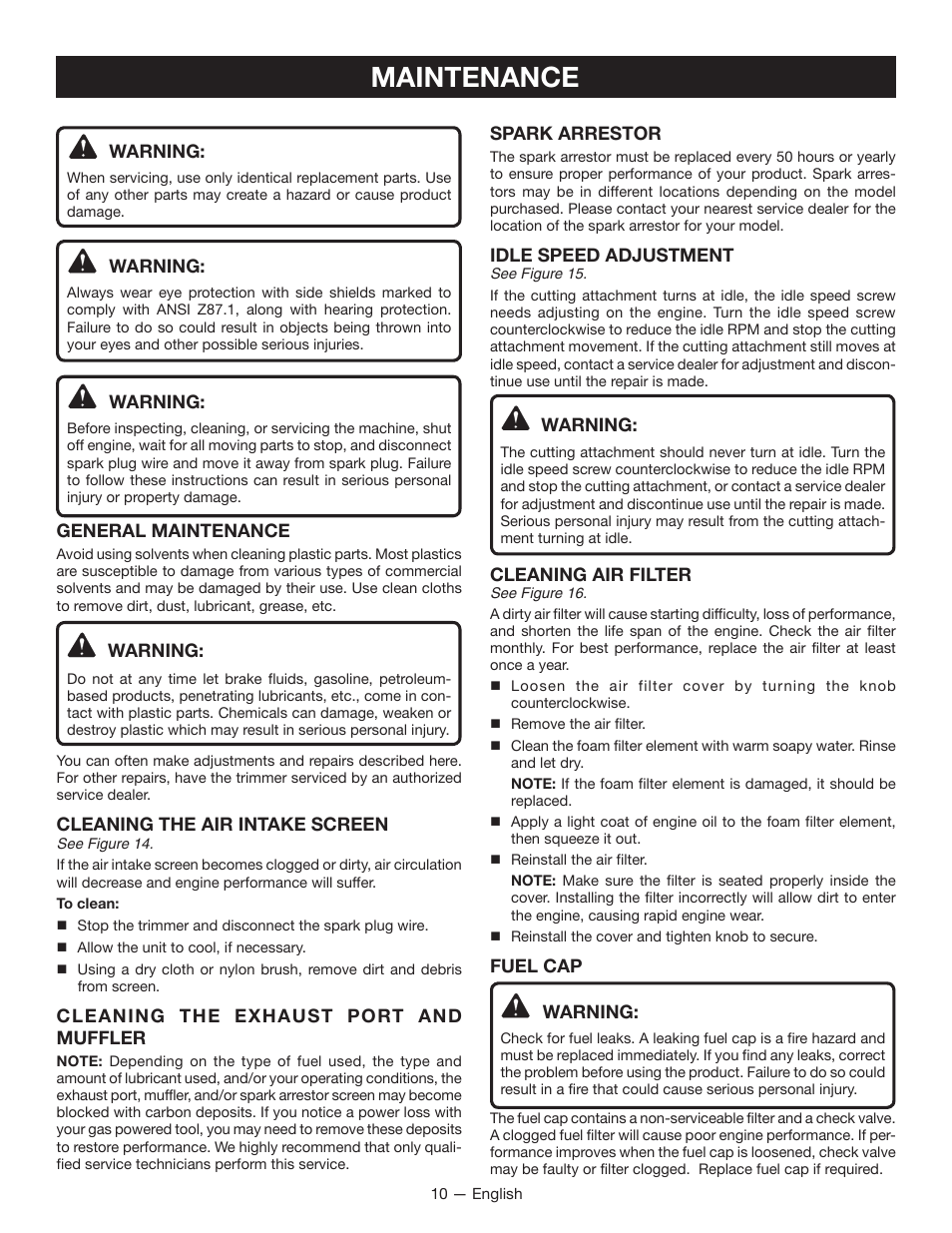 Maintenance | Ryobi RY13010 User Manual | Page 14 / 44