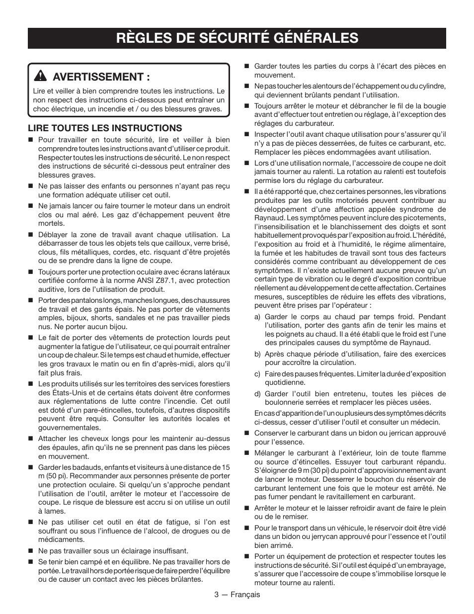 Règles de sécurité générales, Avertissement, Lire toutes les instructions | Ryobi RY13010 User Manual | Page 19 / 44