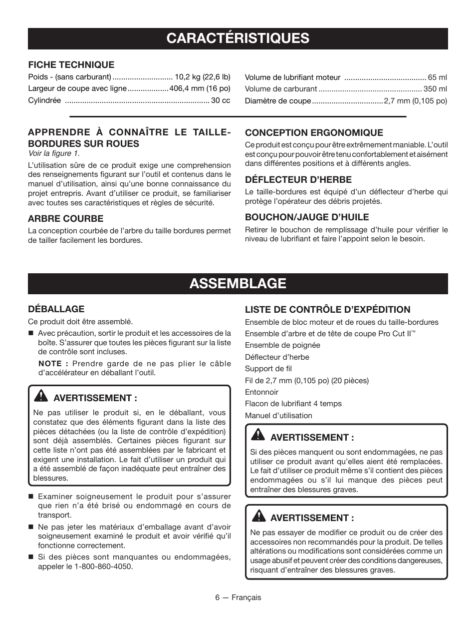 Caractéristiques, Assemblage | Ryobi RY13010 User Manual | Page 22 / 44