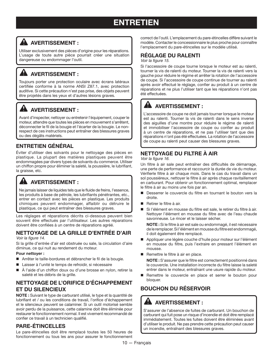 Entretien | Ryobi RY13010 User Manual | Page 26 / 44