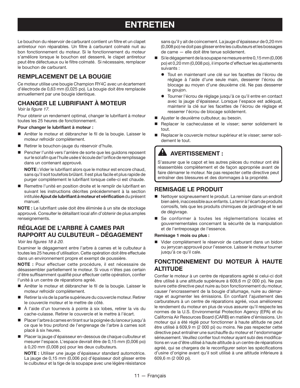 Entretien, Remplacement de la bougie, Changer le lubrifiant à moteur | Avertissement, Remisage le produit, Fonctionnement du moteur à haute altitude | Ryobi RY13010 User Manual | Page 27 / 44