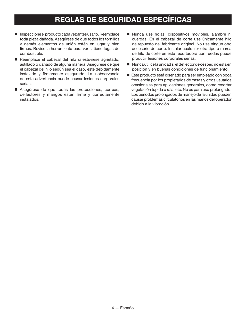 Reglas de seguridad específicas | Ryobi RY13010 User Manual | Page 32 / 44