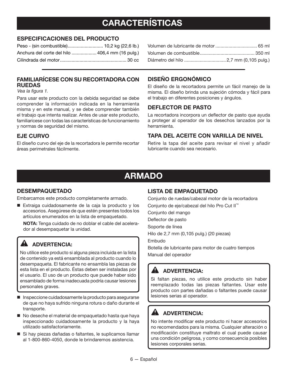 Características, Armado | Ryobi RY13010 User Manual | Page 34 / 44
