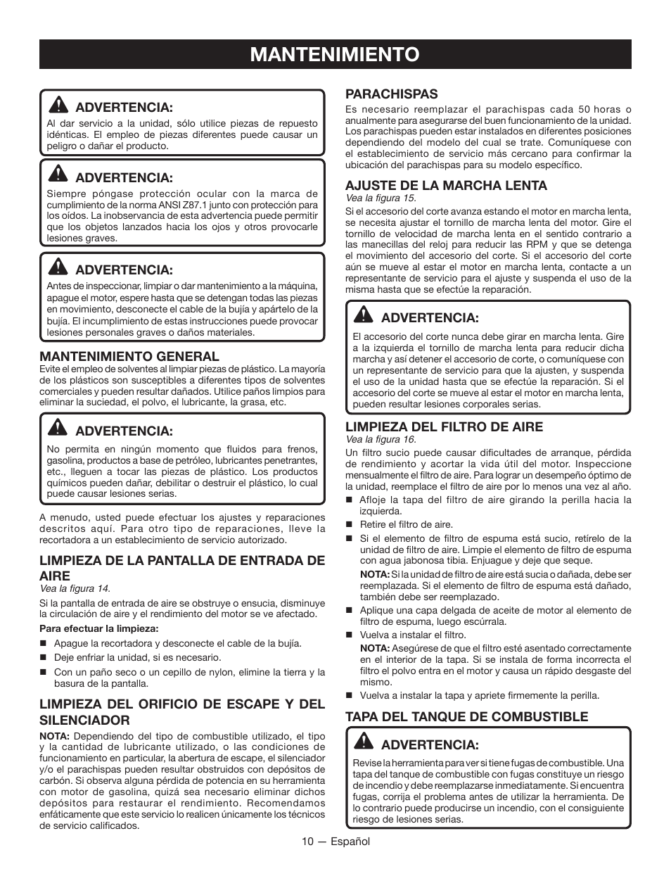 Mantenimiento | Ryobi RY13010 User Manual | Page 38 / 44