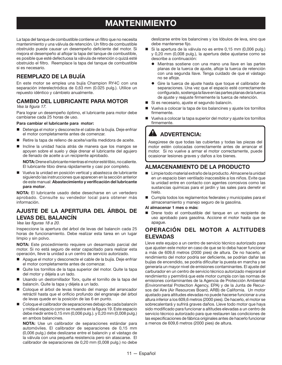 Mantenimiento, Reemplazo de la bujía, Cambio del lubricante para motor | Advertencia, Almacenamiento de la producto, Operación del motor a altitudes elevadas | Ryobi RY13010 User Manual | Page 39 / 44