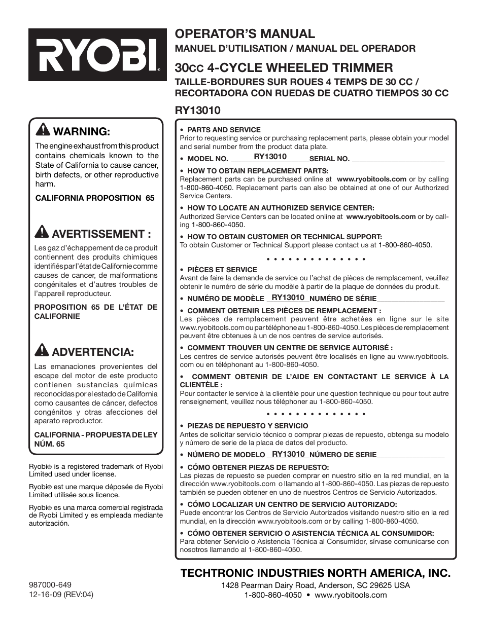 Operator’s manual, Cycle wheeled trimmer, Warning | Techtronic industries north america, inc, Advertencia | Ryobi RY13010 User Manual | Page 44 / 44