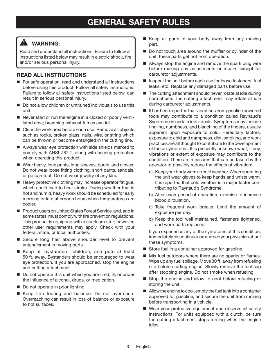 General safety rules | Ryobi RY13010 User Manual | Page 7 / 44