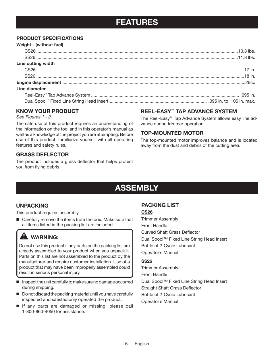 Features, Assembly | Ryobi String Trimmers CS26 User Manual | Page 10 / 48