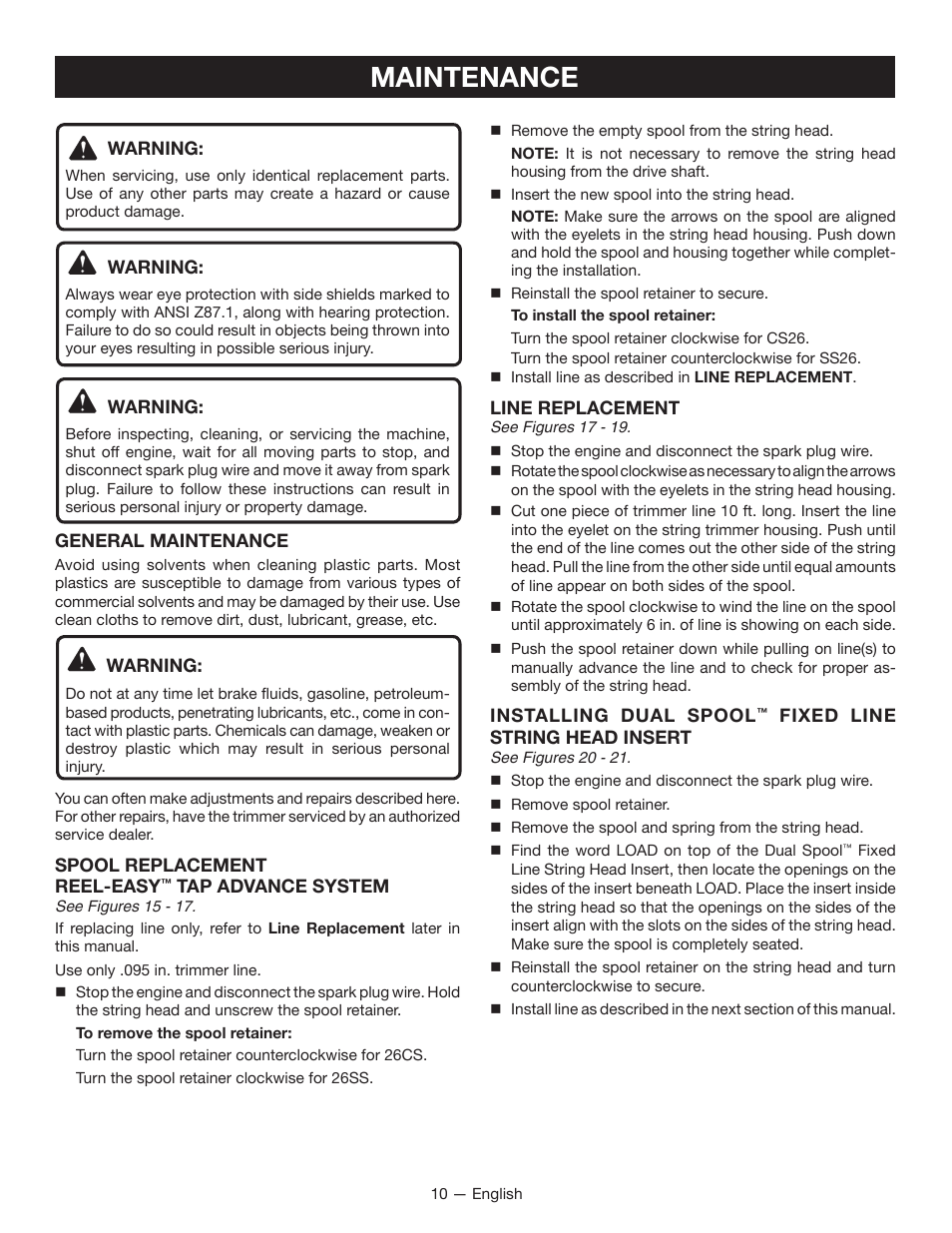 Maintenance | Ryobi String Trimmers CS26 User Manual | Page 14 / 48