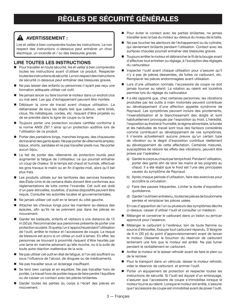 Règles de sécurité générales, Avertissement, Lire toutes les instructions | Ryobi String Trimmers CS26 User Manual | Page 22 / 48