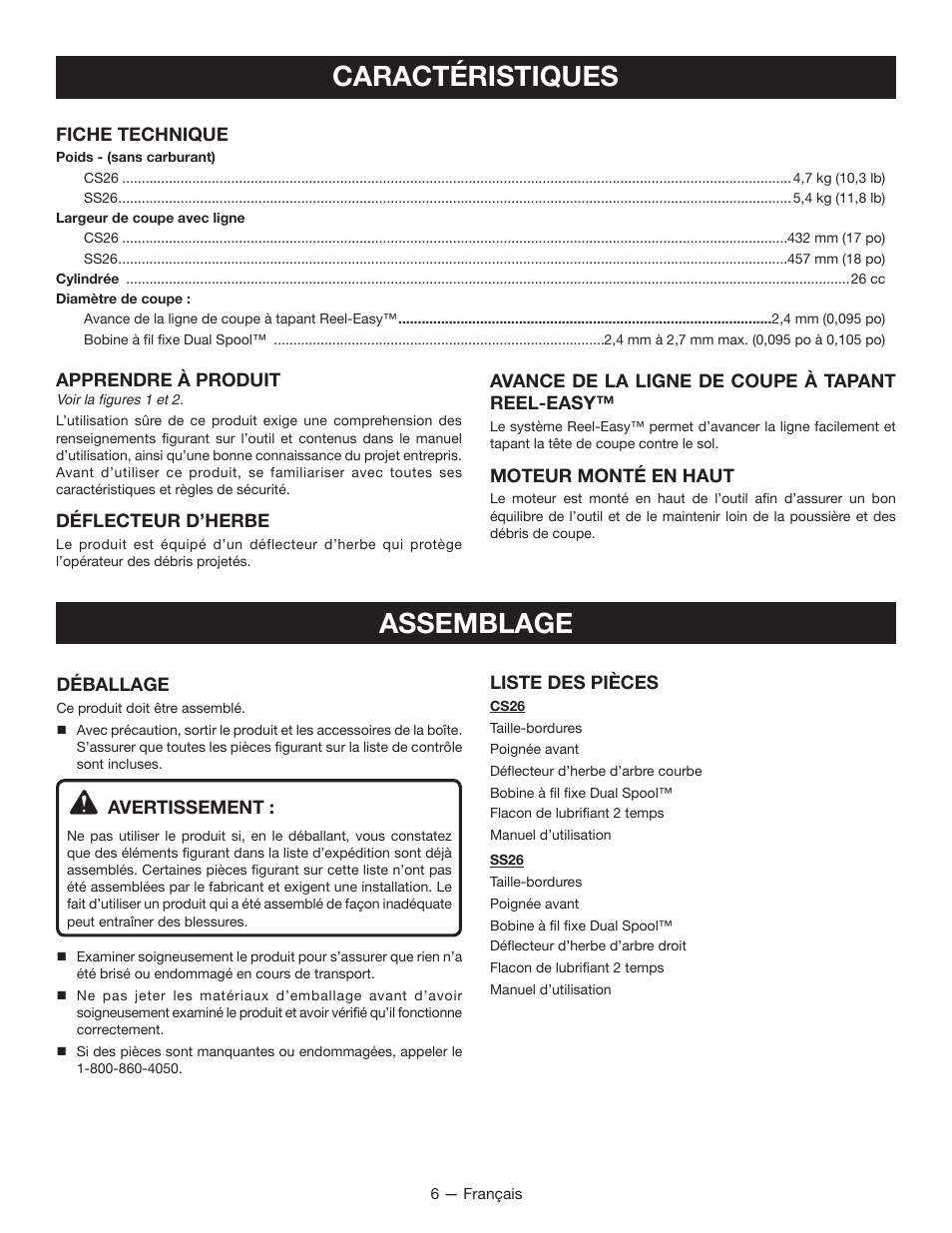 Caractéristiques, Assemblage | Ryobi String Trimmers CS26 User Manual | Page 25 / 48