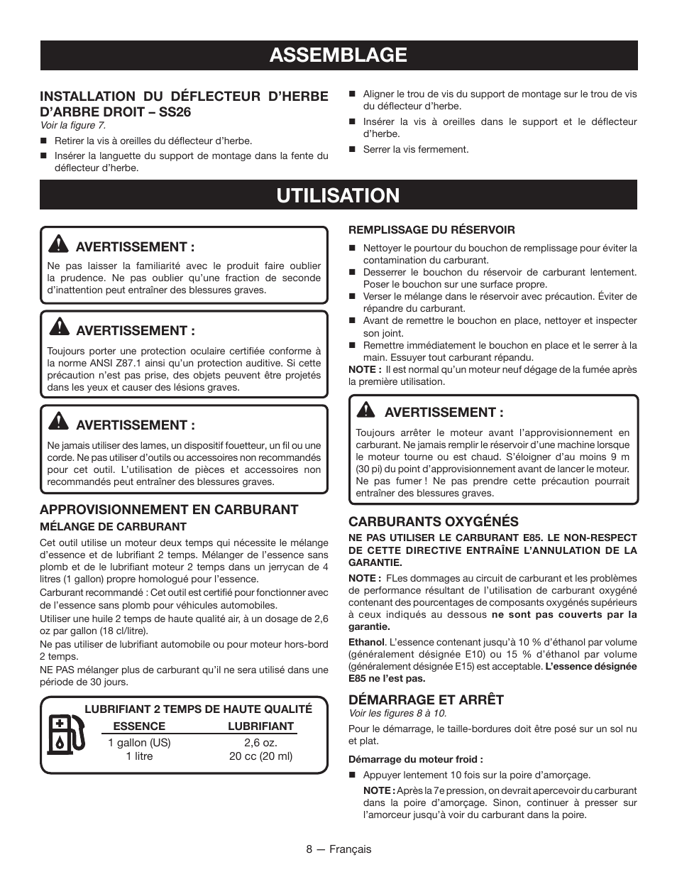 Assemblage, Utilisation | Ryobi String Trimmers CS26 User Manual | Page 27 / 48