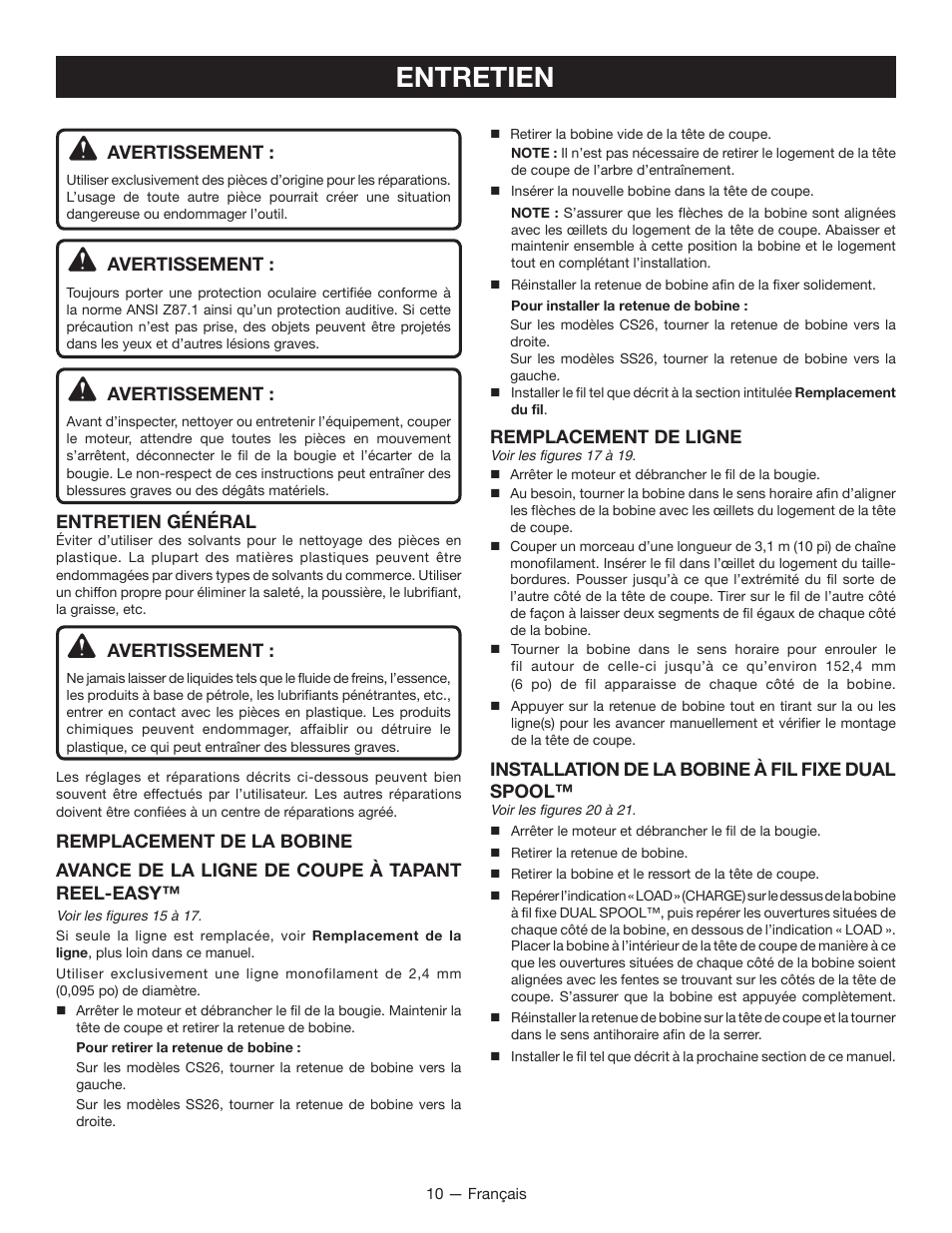 Entretien | Ryobi String Trimmers CS26 User Manual | Page 29 / 48