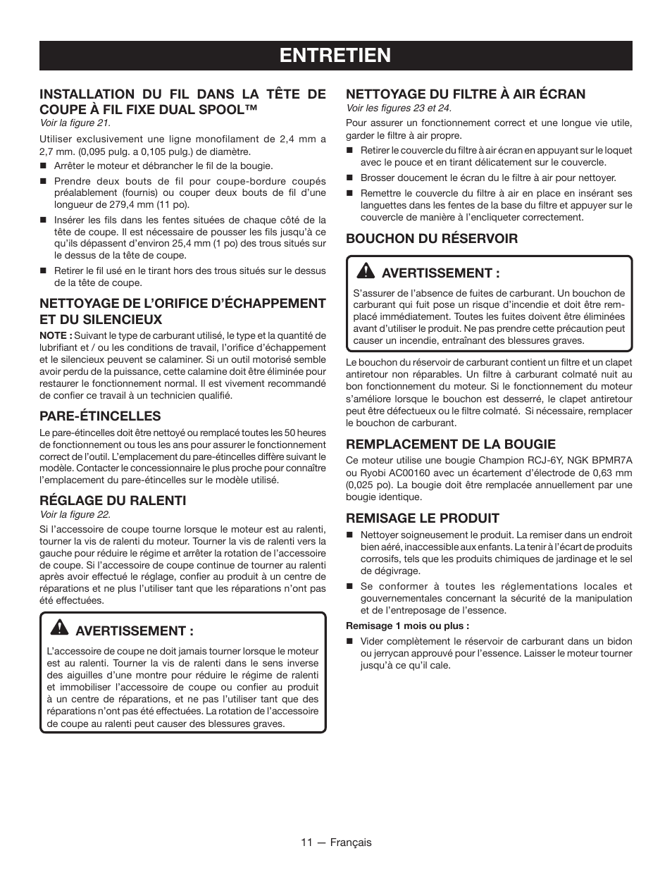 Entretien | Ryobi String Trimmers CS26 User Manual | Page 30 / 48