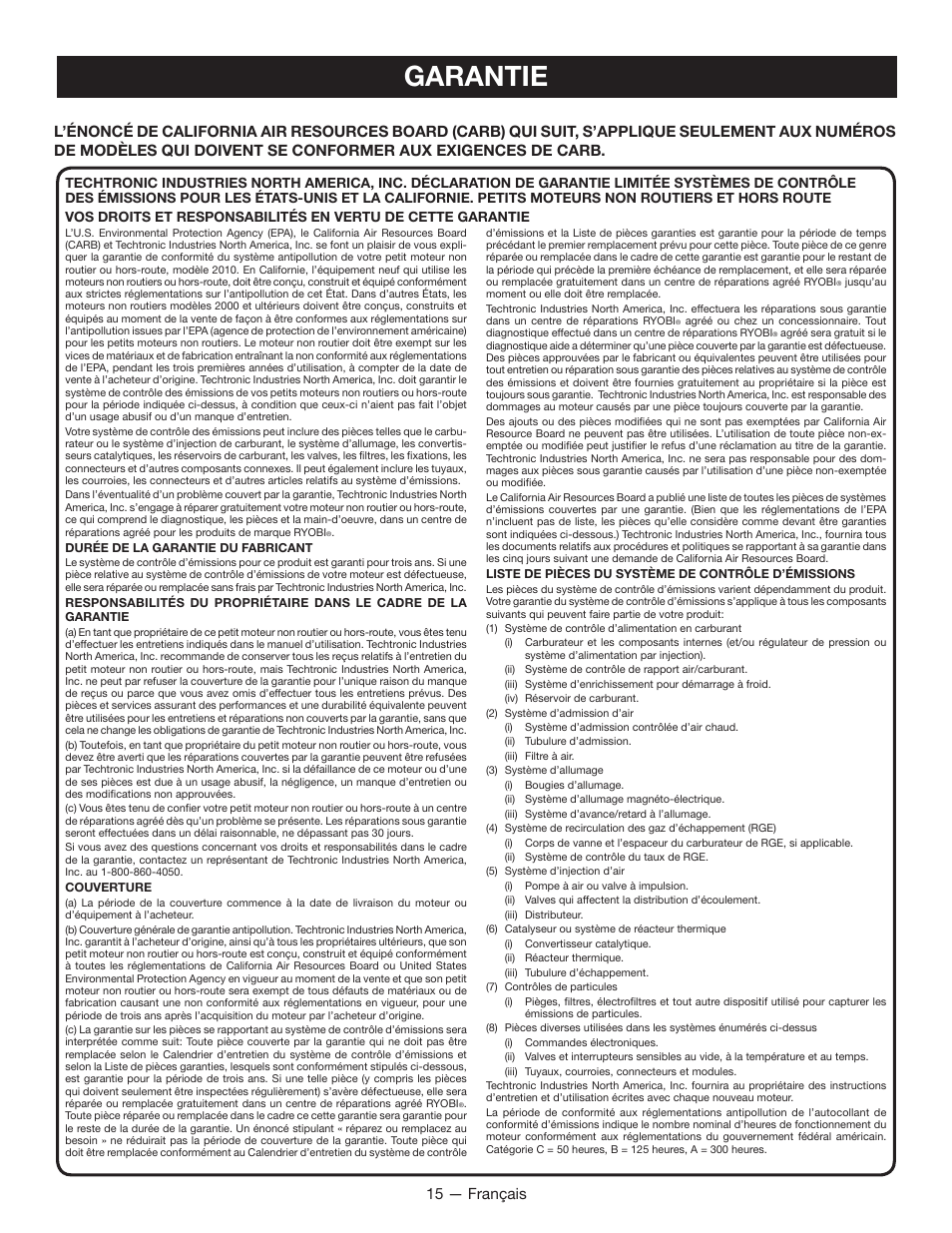 Garantie, 15 — français | Ryobi String Trimmers CS26 User Manual | Page 34 / 48