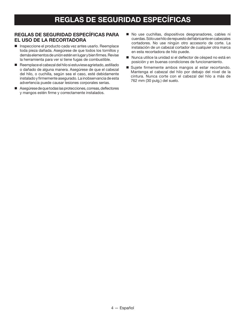 Reglas de seguridad específicas | Ryobi String Trimmers CS26 User Manual | Page 36 / 48