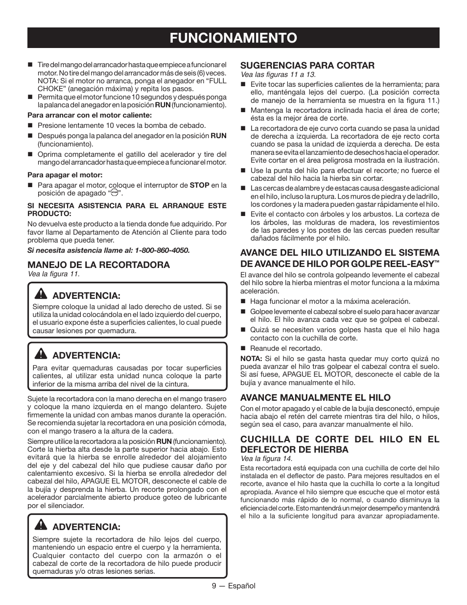 Funcionamiento, Manejo de la recortadora, Advertencia | Sugerencias para cortar, Avance manualmente el hilo | Ryobi String Trimmers CS26 User Manual | Page 41 / 48