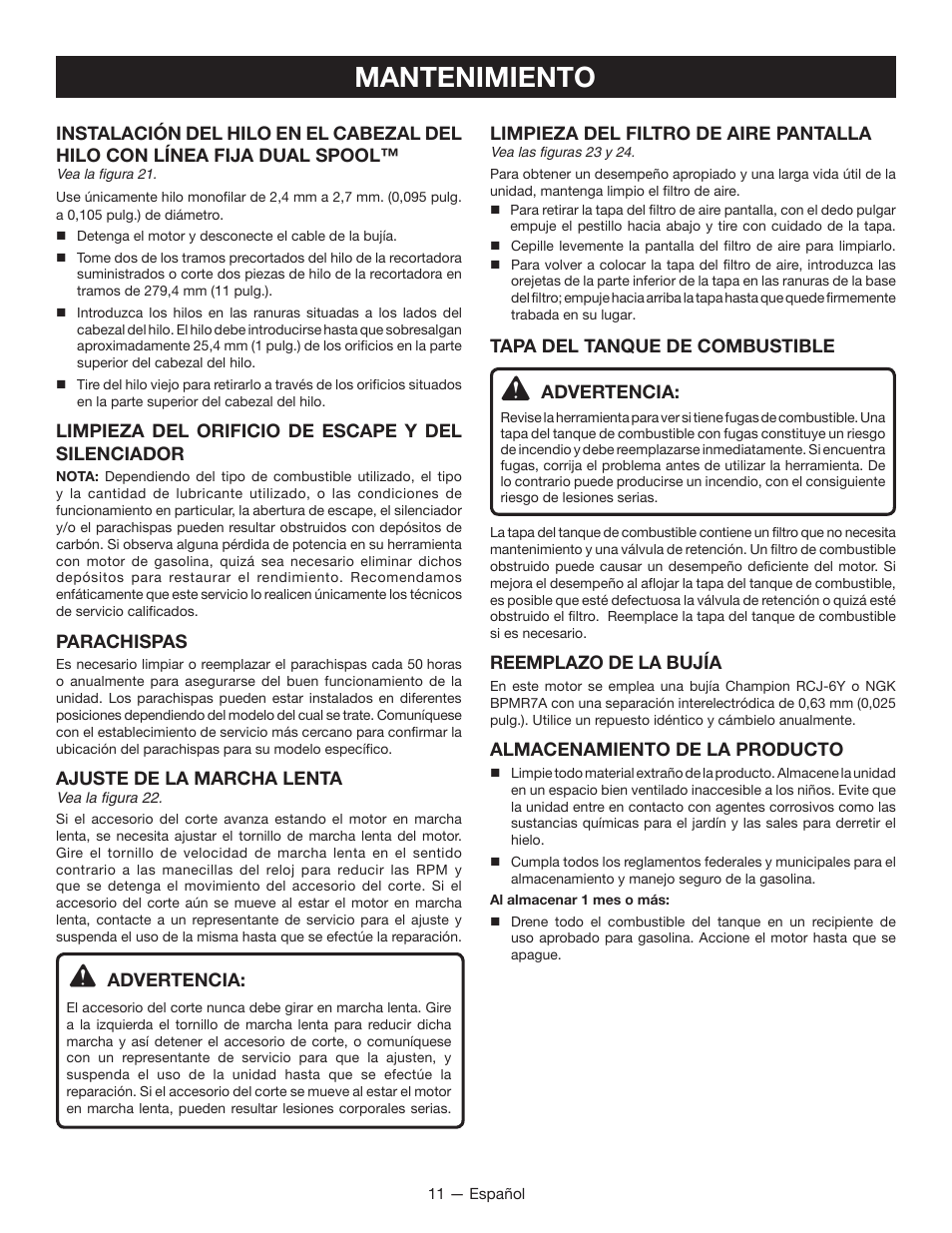 Mantenimiento | Ryobi String Trimmers CS26 User Manual | Page 43 / 48