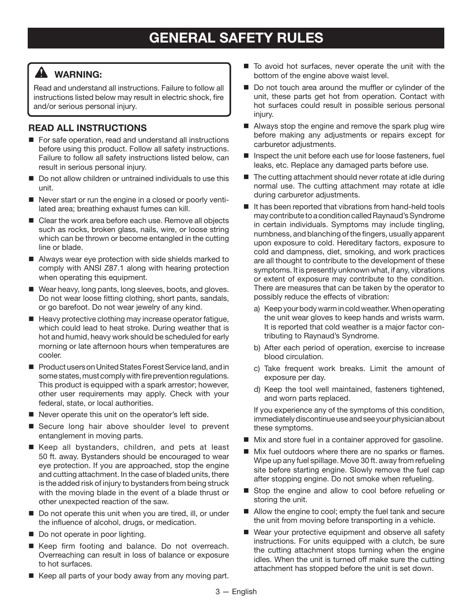 General safety rules | Ryobi String Trimmers CS26 User Manual | Page 7 / 48