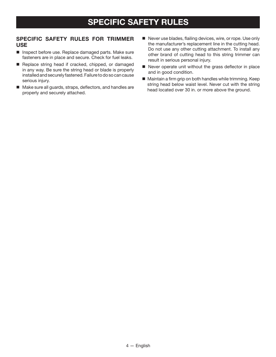 Specific safety rules | Ryobi String Trimmers CS26 User Manual | Page 8 / 48