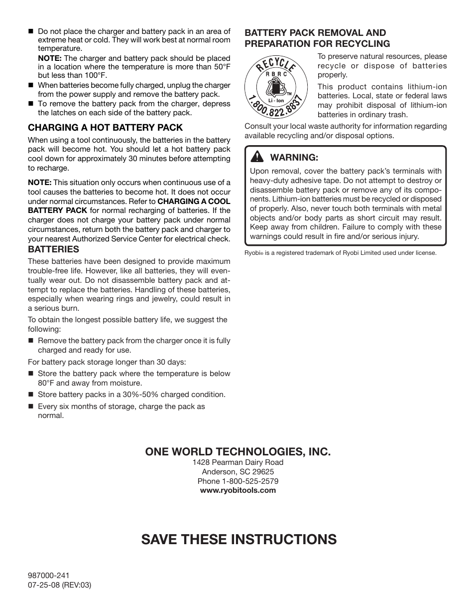 Save these instructions, One world technologies, inc | Ryobi CB120L User Manual | Page 2 / 6