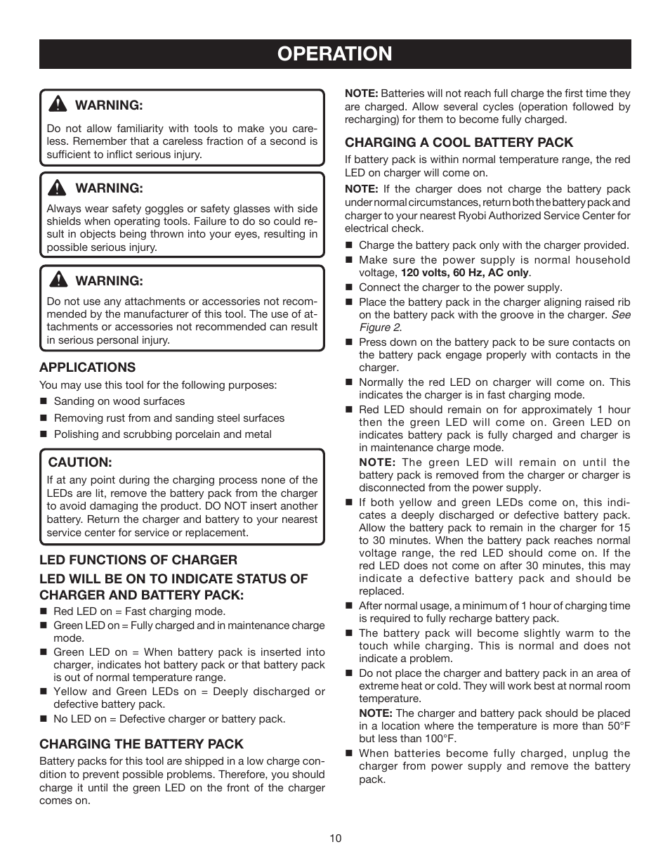 Operation | Ryobi P400 User Manual | Page 10 / 16