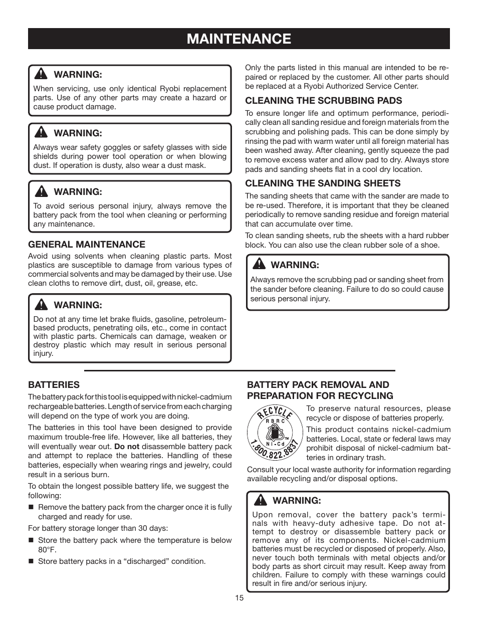 Maintenance | Ryobi P400 User Manual | Page 15 / 16