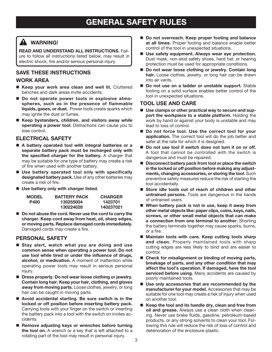 General safety rules | Ryobi P400 User Manual | Page 3 / 16