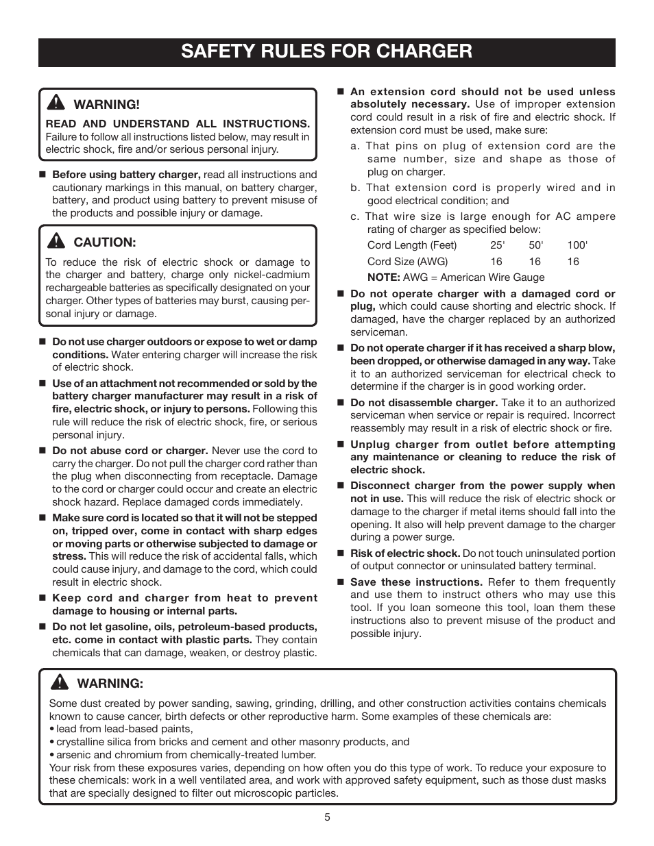 Safety rules for charger | Ryobi P400 User Manual | Page 5 / 16