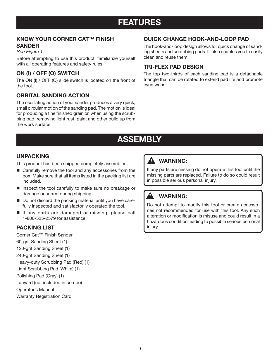 Features, Assembly | Ryobi P400 User Manual | Page 9 / 16
