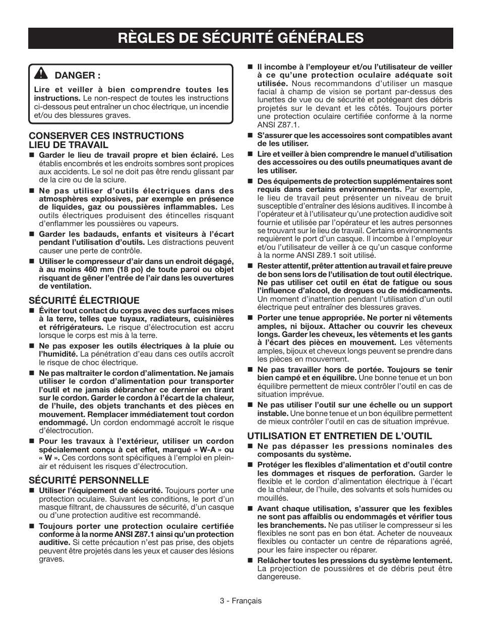 Règles de sécurité générales | Ryobi YN301PL1 User Manual | Page 17 / 48