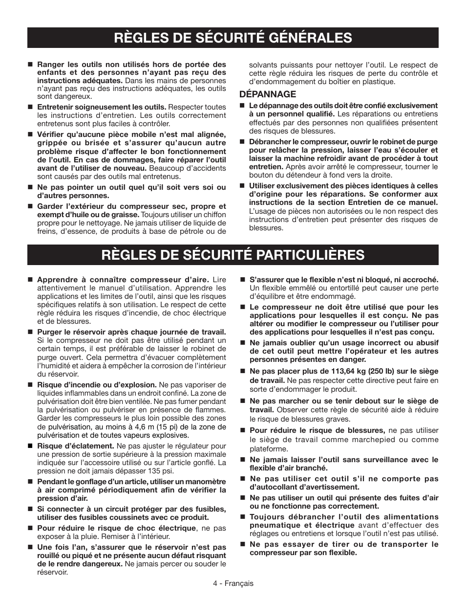Règles de sécurité générales, Règles de sécurité particulières | Ryobi YN301PL1 User Manual | Page 18 / 48