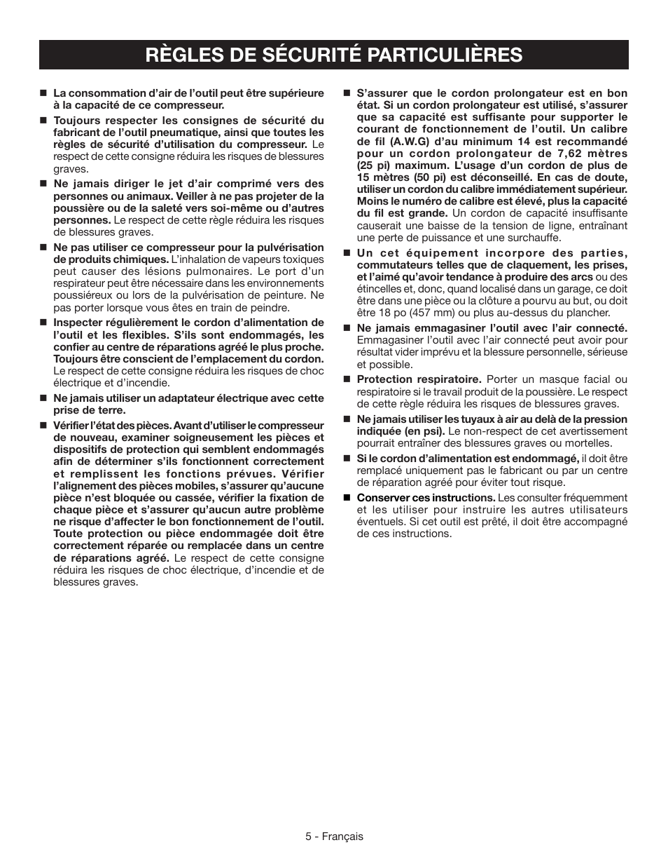 Règles de sécurité particulières | Ryobi YN301PL1 User Manual | Page 19 / 48