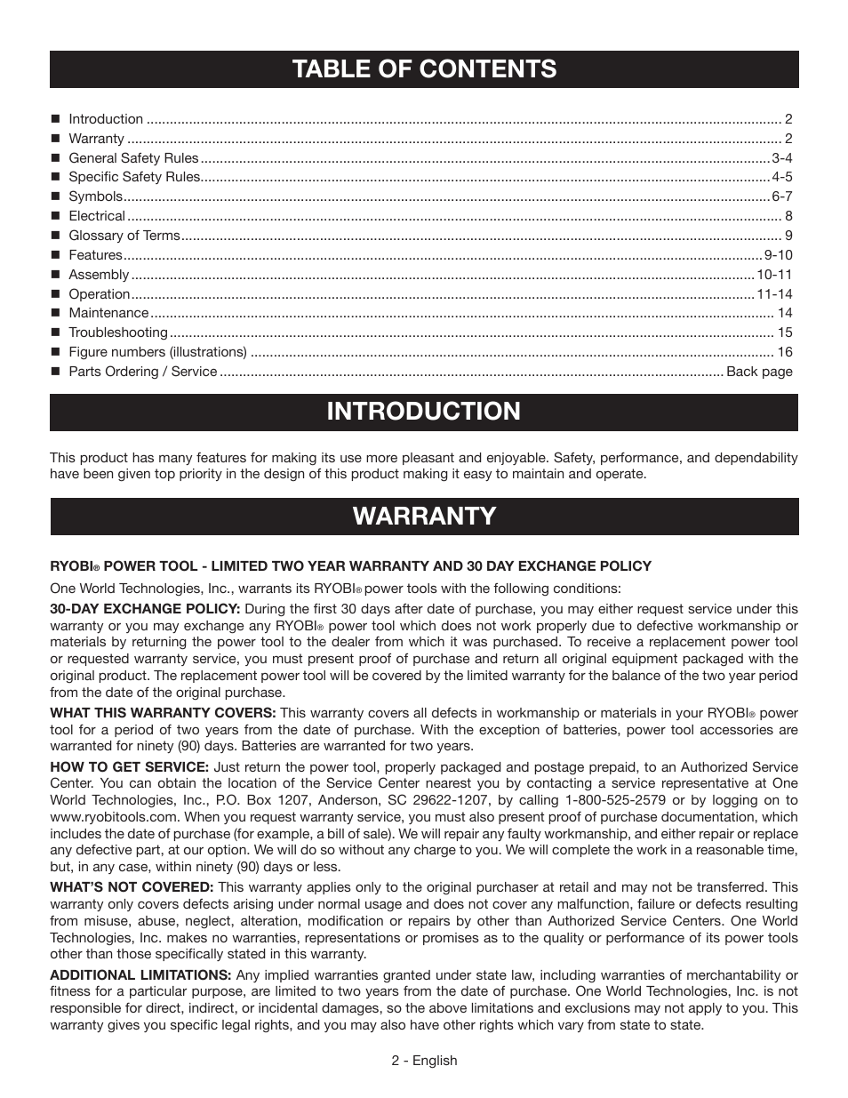 Warranty, Table of contents introduction | Ryobi YN301PL1 User Manual | Page 2 / 48