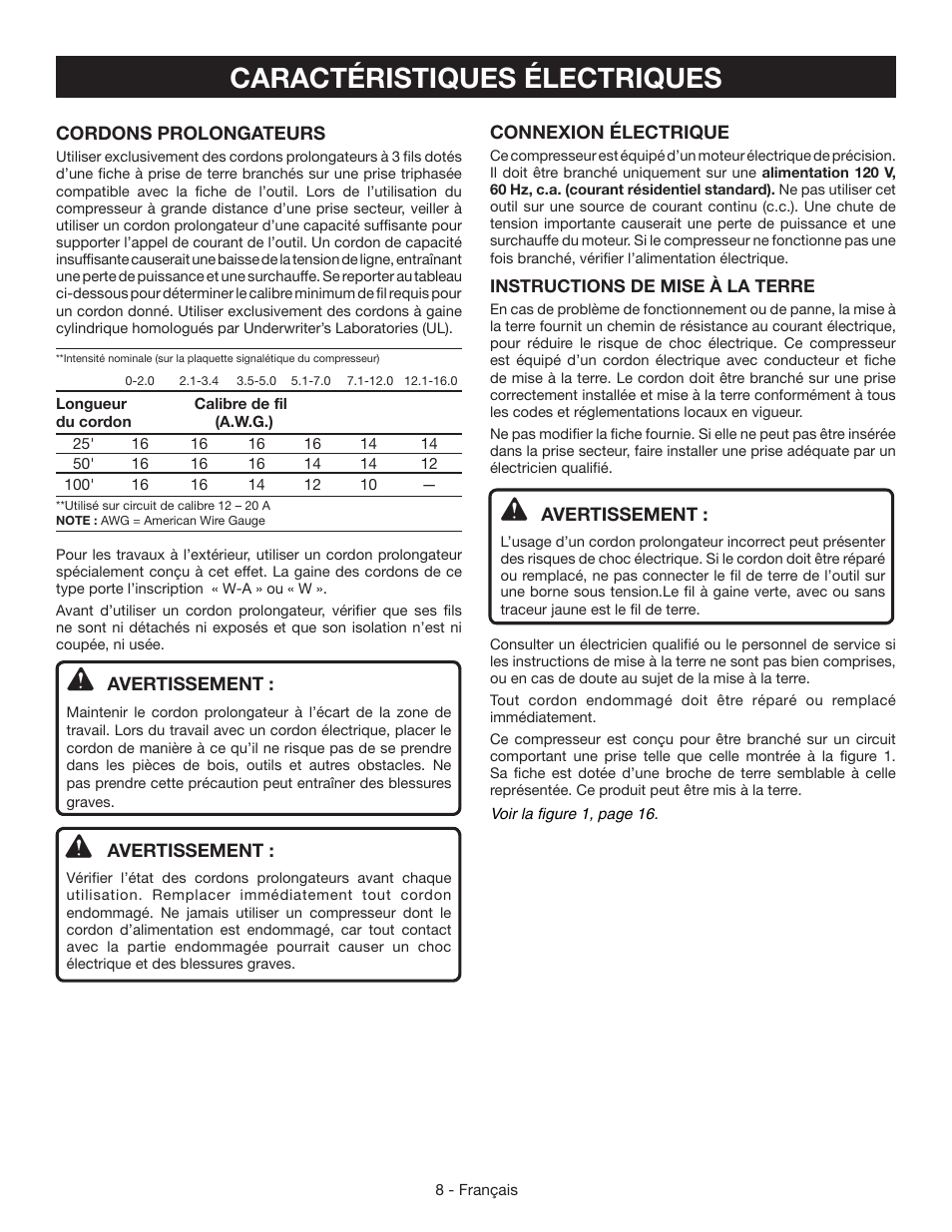 Caractéristiques électriques, Connexion électrique, Avertissement | Cordons prolongateurs | Ryobi YN301PL1 User Manual | Page 22 / 48