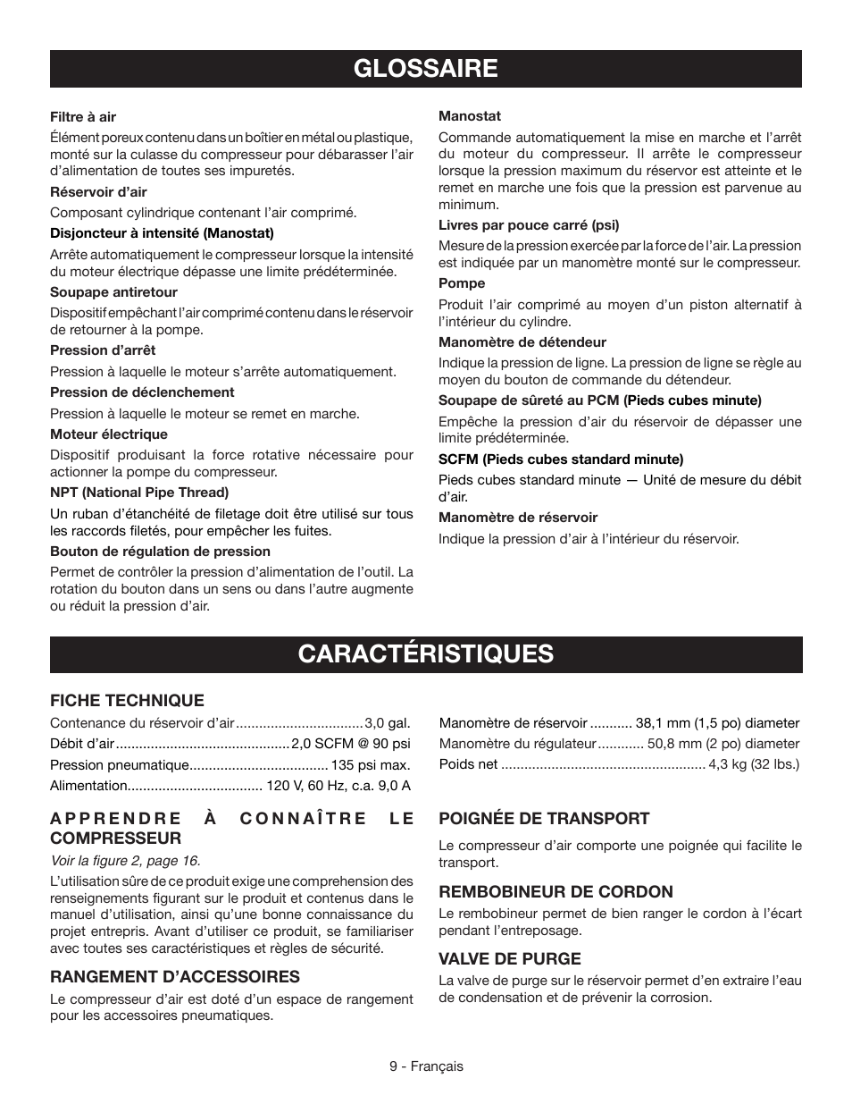 Glossaire caractéristiques | Ryobi YN301PL1 User Manual | Page 23 / 48