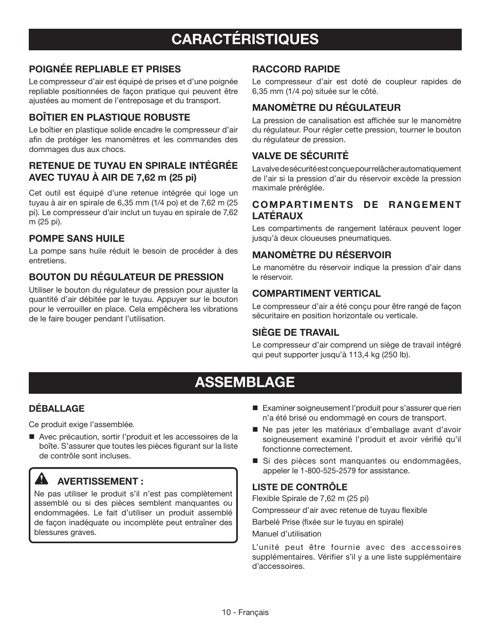 Assemblage, Caractéristiques | Ryobi YN301PL1 User Manual | Page 24 / 48