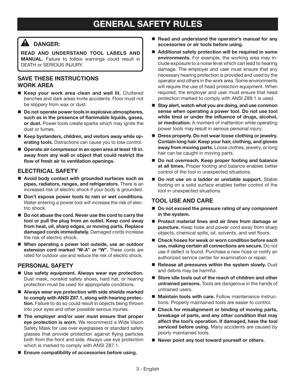 General safety rules | Ryobi YN301PL1 User Manual | Page 3 / 48